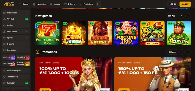 Slot Lair casino lobby with new games and deposit bonus promotions
